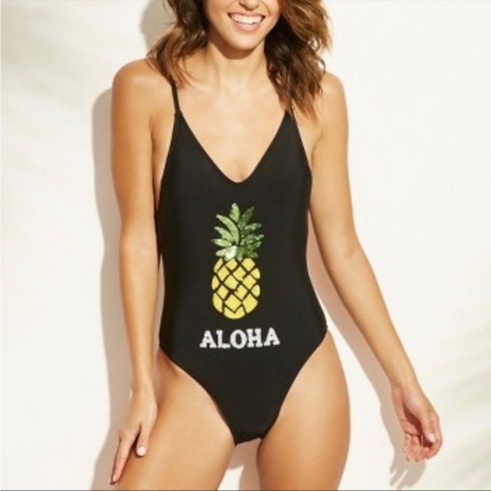 Xhilaration Black "Aloha" Sequin Pineapple One Piece Swimsuit, Size S